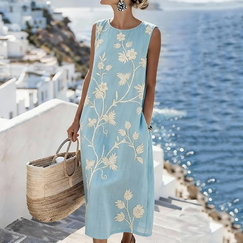 Cardydony Women's Japanese Floral Art Linen-blend Sleeveless Maxi Dress