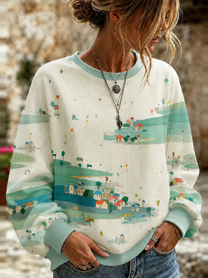 Cardydony Women's Vintage Geometric Landscape Art Print Comfortable Casual Crewneck Sweatshirt