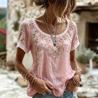 Cardydony Women's Pink Floral Embroidery And Sequin Art Casual T-shirt