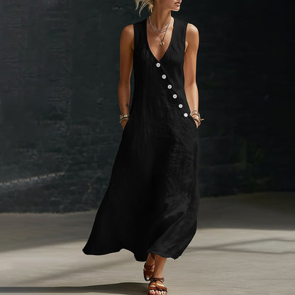 Cardydony Women's Retro Casual Button Design Linen Blend Maxi Dress