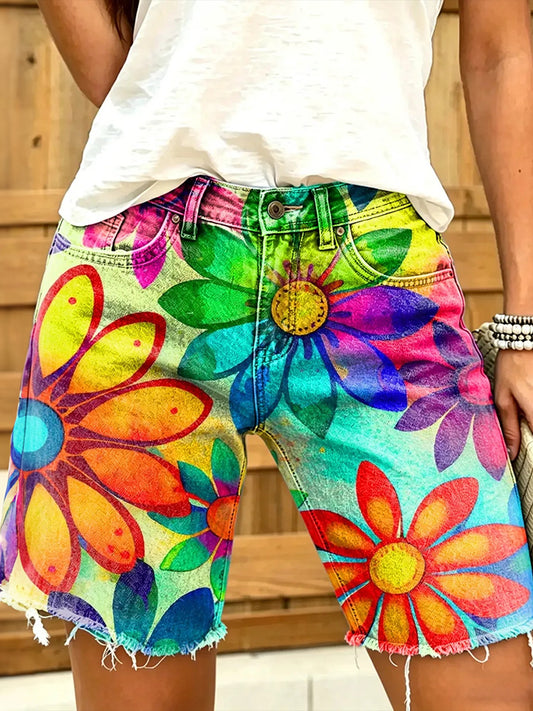Cardydony Women's Retro Rainbow Floral Print Denim Shorts