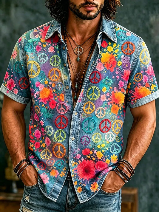 Comstylish Men's Retro Hippie Peace With Floral Graffiti Art Pattern Casual Washed Shirt