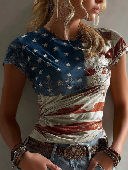 Cardydony Women's Vintage Independence Day Flag Floral Embroidery T-shirt