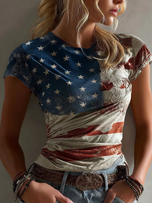Cardydony Women's Vintage Independence Day Flag Floral Embroidery T-shirt
