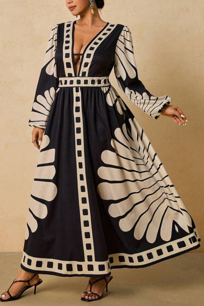 Cardydony Women's  Unique Print V-Neck Long Sleeve Casual Vacation Maxi Dress
