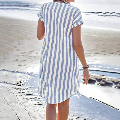 Cardydony Women's Striped Print V-neck Short Sleeve Midi Shirt Dress