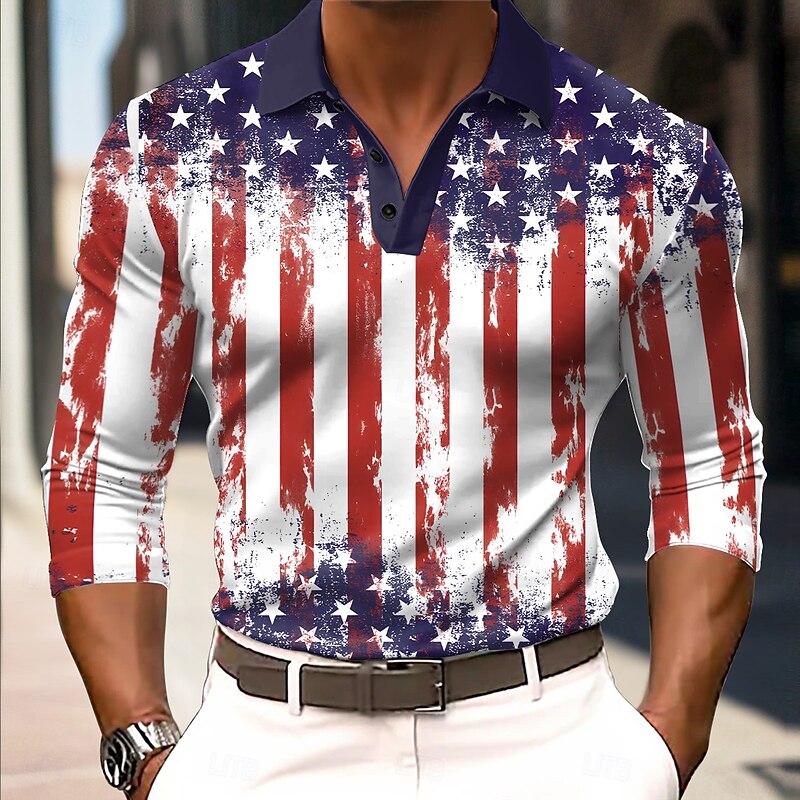 Cardydony Men's Casual American Us Flag Long Sleeve Polo Shirt