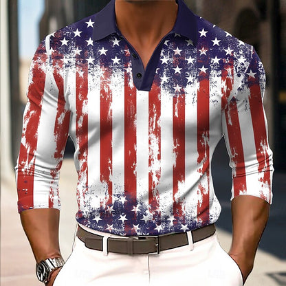 Cardydony Men's Casual American Us Flag Long Sleeve Polo Shirt