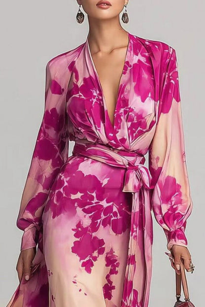 Cardydony Women's  Floral Print Chiffon Long-Sleeved V-Neck Tie Waist Elegant Maxi Dress