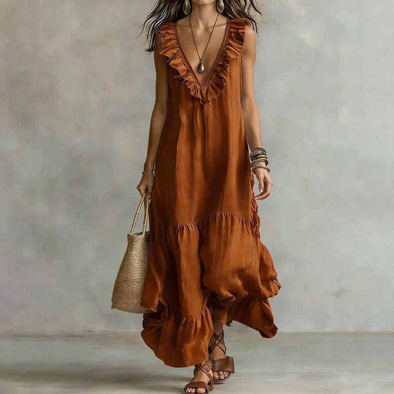 Cardydony Women's Elegant Ruffled Vest Maxi Dress