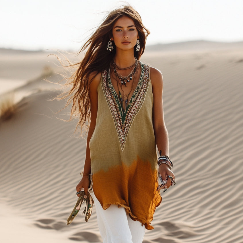 Cardydony Women's Retro Loose Bohemia Ethnic Style Gradient Art Linen Suspender Sleeveless Top