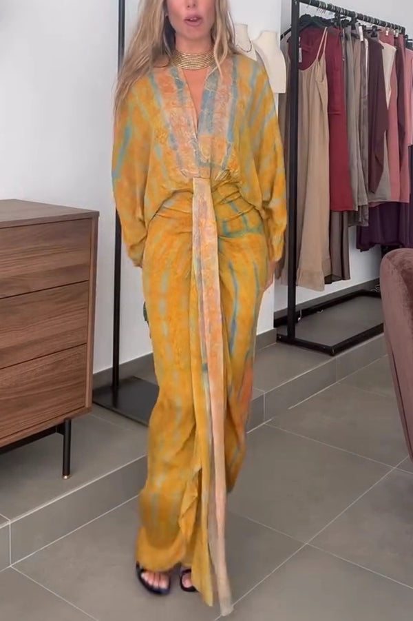Cardydony Women's Unique Printed V-neck High-waisted Loose-fitting Holiday Maxi Dress