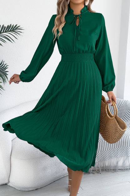 Cardydony Women's Solid Color Long-sleeved Fitted Waist Pleated Elegant Midi Dress