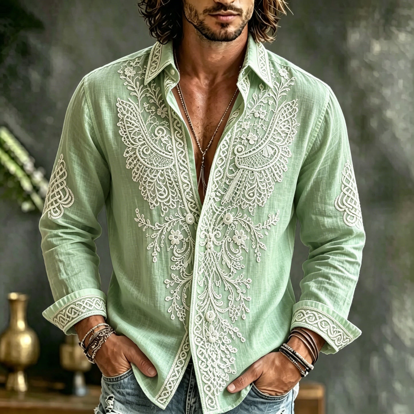 Cardydony Men's Spring Summer Viking Tribal Jacquard Wings And Floral Inspired Art Flowy Linen Blend Shirt