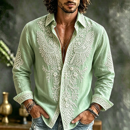 Cardydony Men's Spring Summer Viking Tribal Jacquard Wings And Floral Inspired Art Flowy Linen Blend Shirt
