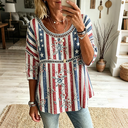 Cardydony Women's Retro Independence Day Anniversary Floral Art Three-quarter Sleeve Round Neck Top