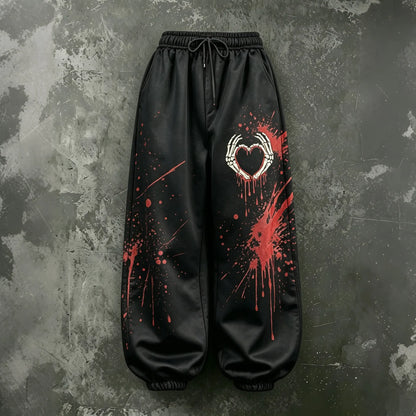 Cardydony Women's Halloween Skeleton Hand Heart-sign Print Loose Pants