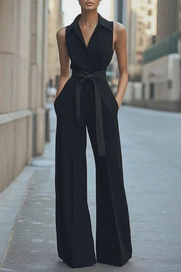 Cardydony Women's Fashion Lapel Sleeveless High Waist Tie Casual Pocket Wide Leg Jumpsuit