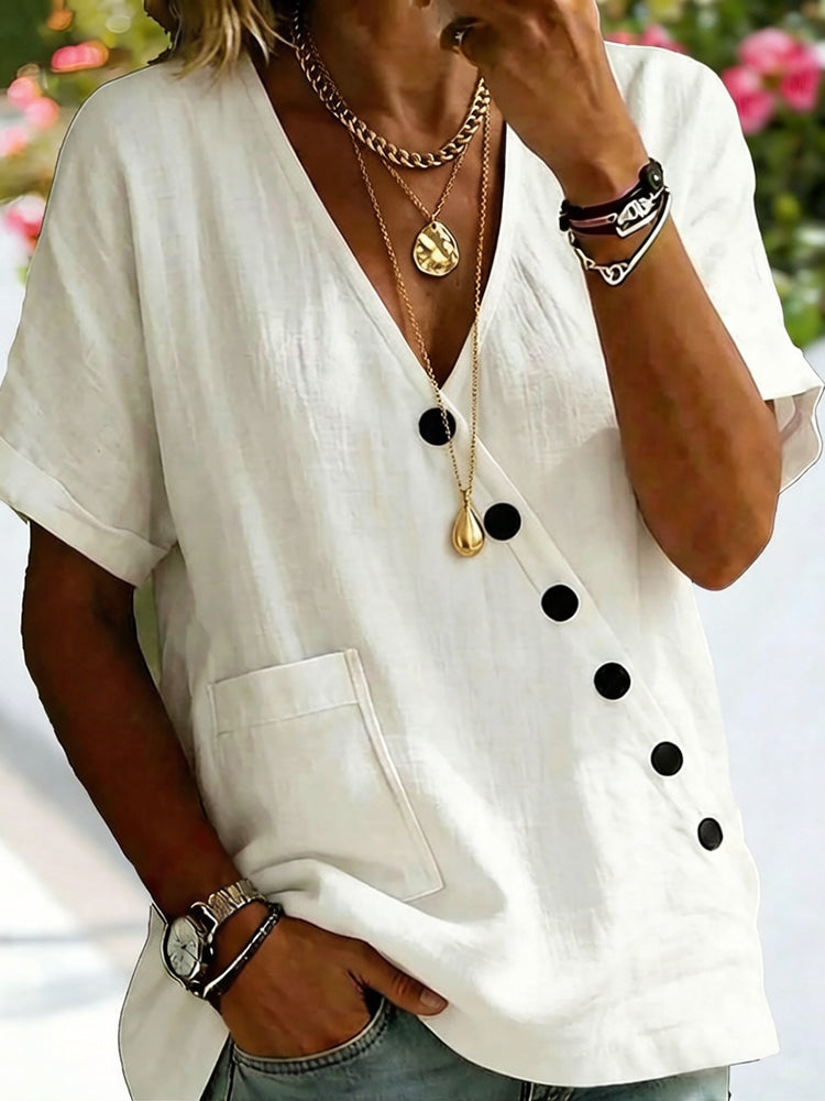 Cardydony Women's Solid Color V-neck Button Pocket Linen Blend T-shirt