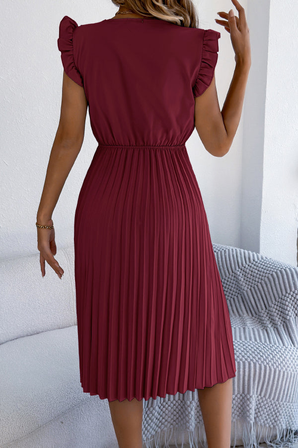 Cardydony Women's Solid Color V-neck Lace-trimmed Sleeveless Casual Pleated Midi Dress