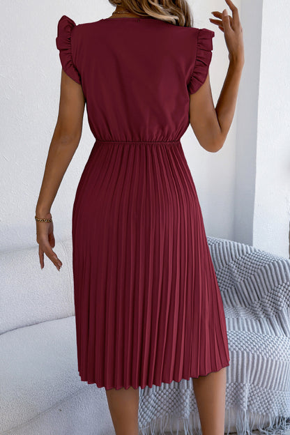 Cardydony Women's Solid Color V-neck Lace-trimmed Sleeveless Casual Pleated Midi Dress