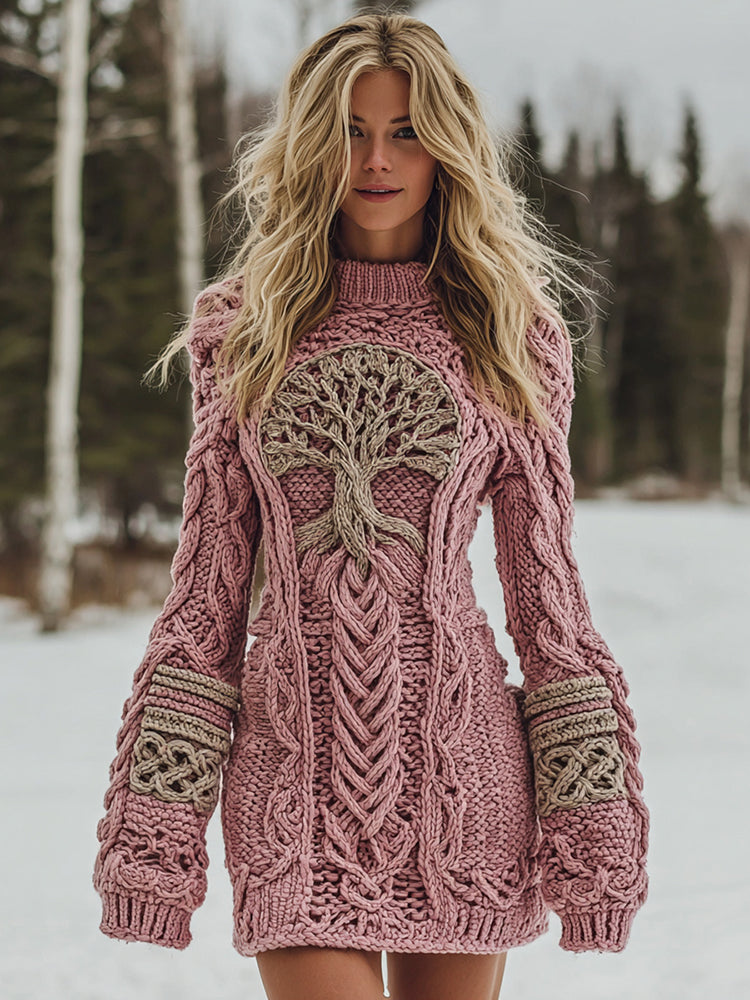 Women's Viking Celtic Tree Of Life Art Cozy Knit Mini Sweater Dress