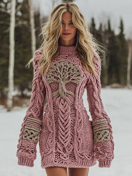Women's Viking Celtic Tree Of Life Art Cozy Knit Mini Sweater Dress