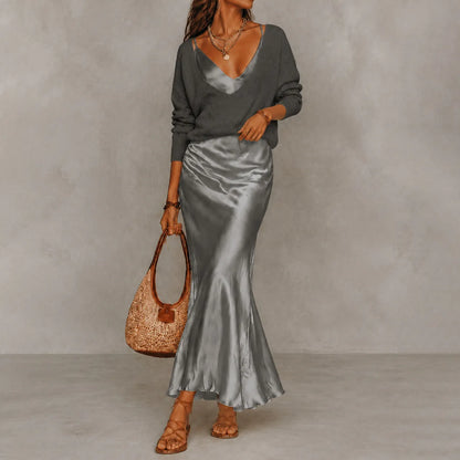 Cardydony Elegance Long-sleeved Knit Top + Satin Slip Dress Two-piece Set