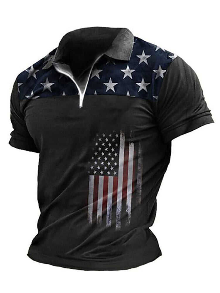 Cardydony Men's American Flag Veterans Print Zipper Up Polo Shirt