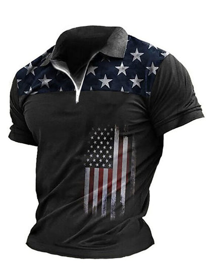 Cardydony Men's American Flag Veterans Print Zipper Up Polo Shirt