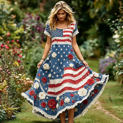 Cardydony Women's Independence Day Anniversary Floral Art Comfortable Linen Short Sleeve Dress