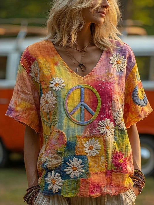 Cardydony Vintage Hippie Peace Daisy Gradient Floral Patchwork Print Linen T-shirt