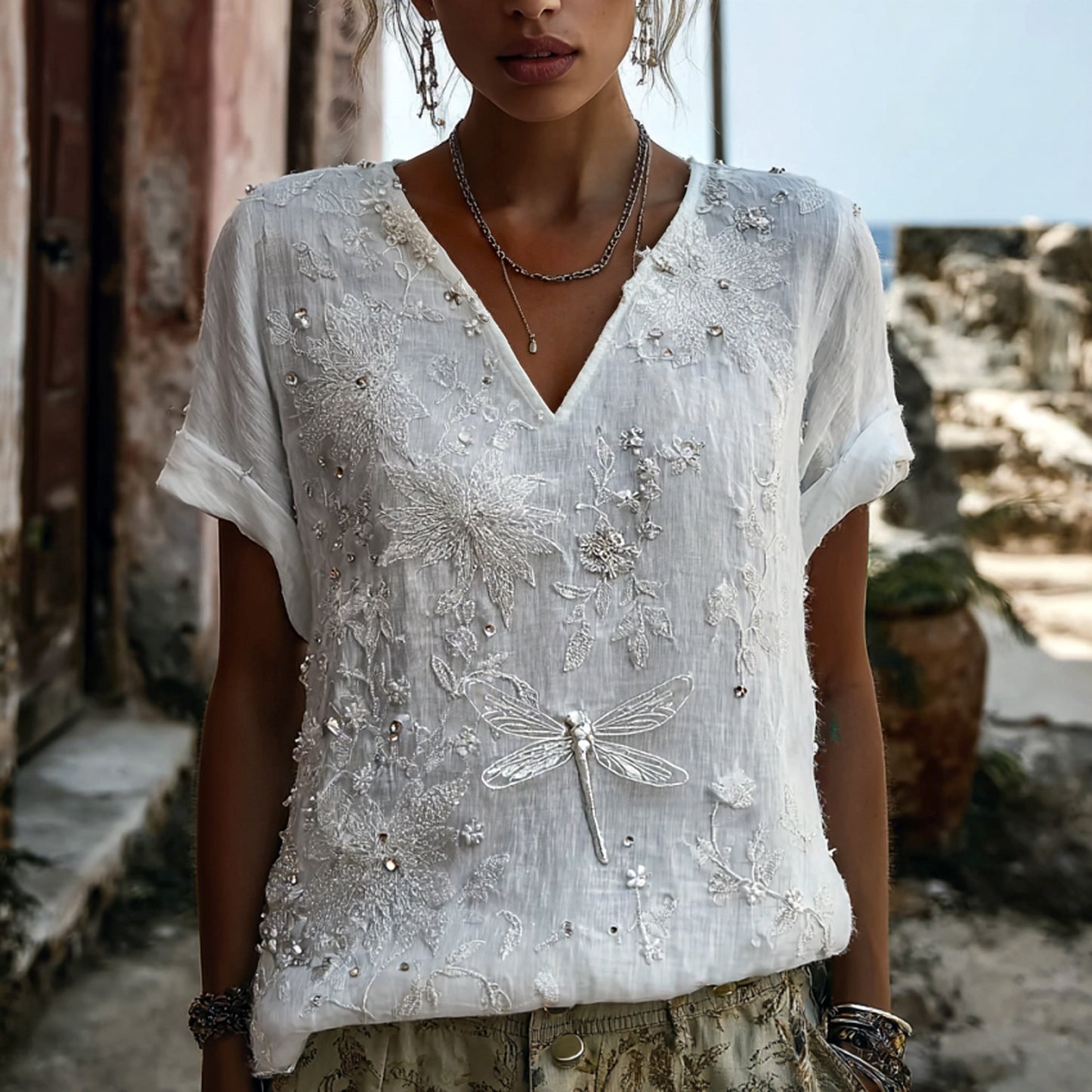 Cardydony Women's Retro Bohemian Style Floral And Dragonfly Sequin T-shirt