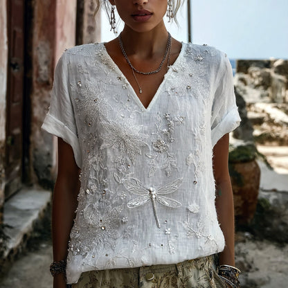 Cardydony Women's Retro Bohemian Style Floral And Dragonfly Sequin T-shirt