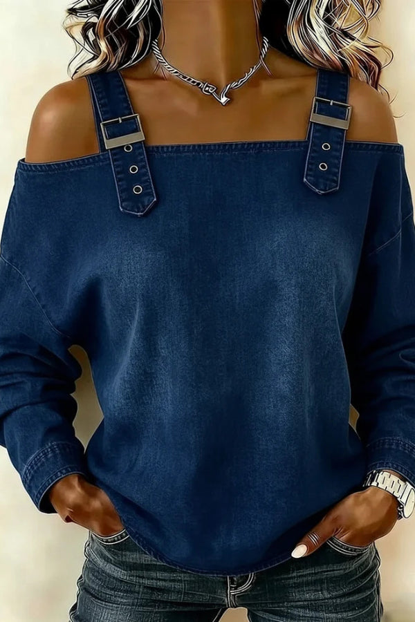 Cardydony Women's  Fashionable Faux Denim Off-shoulder Long-sleeved Loose Top