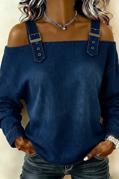 Cardydony Women's  Fashionable Faux Denim Off-shoulder Long-sleeved Loose Top