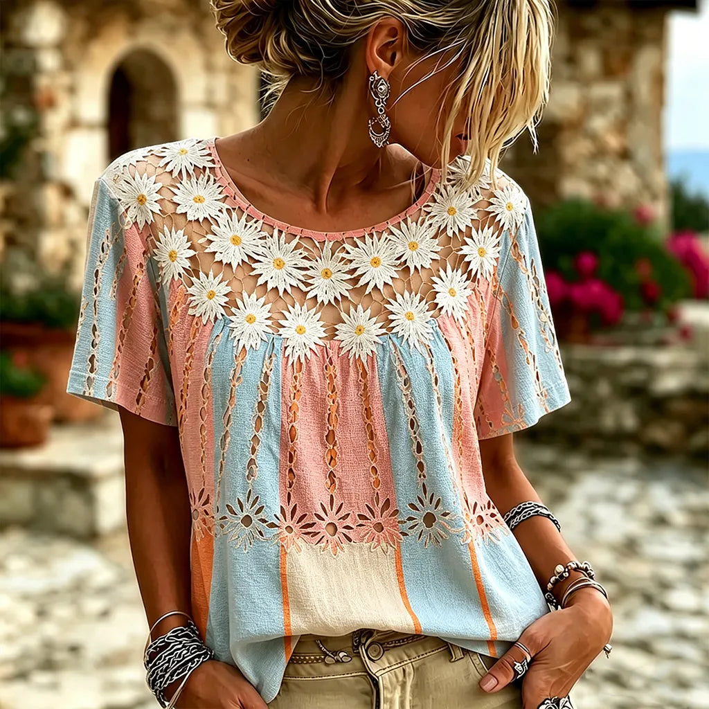 Cardydony Women's Bohemian Chrysanthemum Hollow-out Comfortable Crew Neck T-shirt