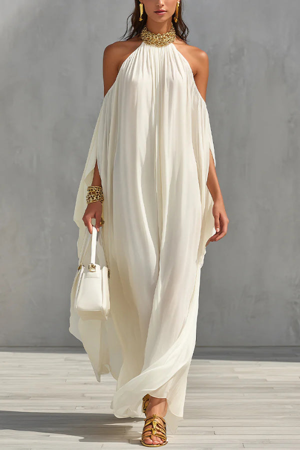 Cardydony Women's Fashionable Chiffon Metal Halter Neck Off-shoulder Elegant Loose-fitting Holiday Maxi Dress