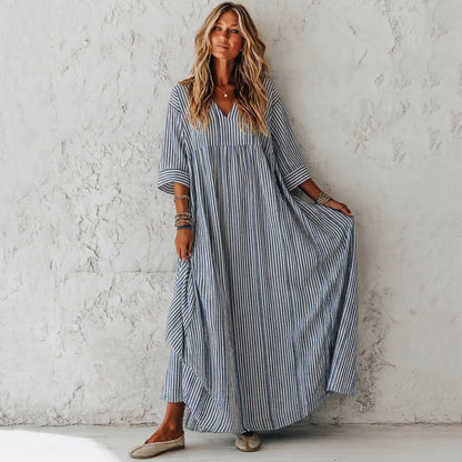 Cardydony Women's Retro Stripes Print Elegant Linen Dress