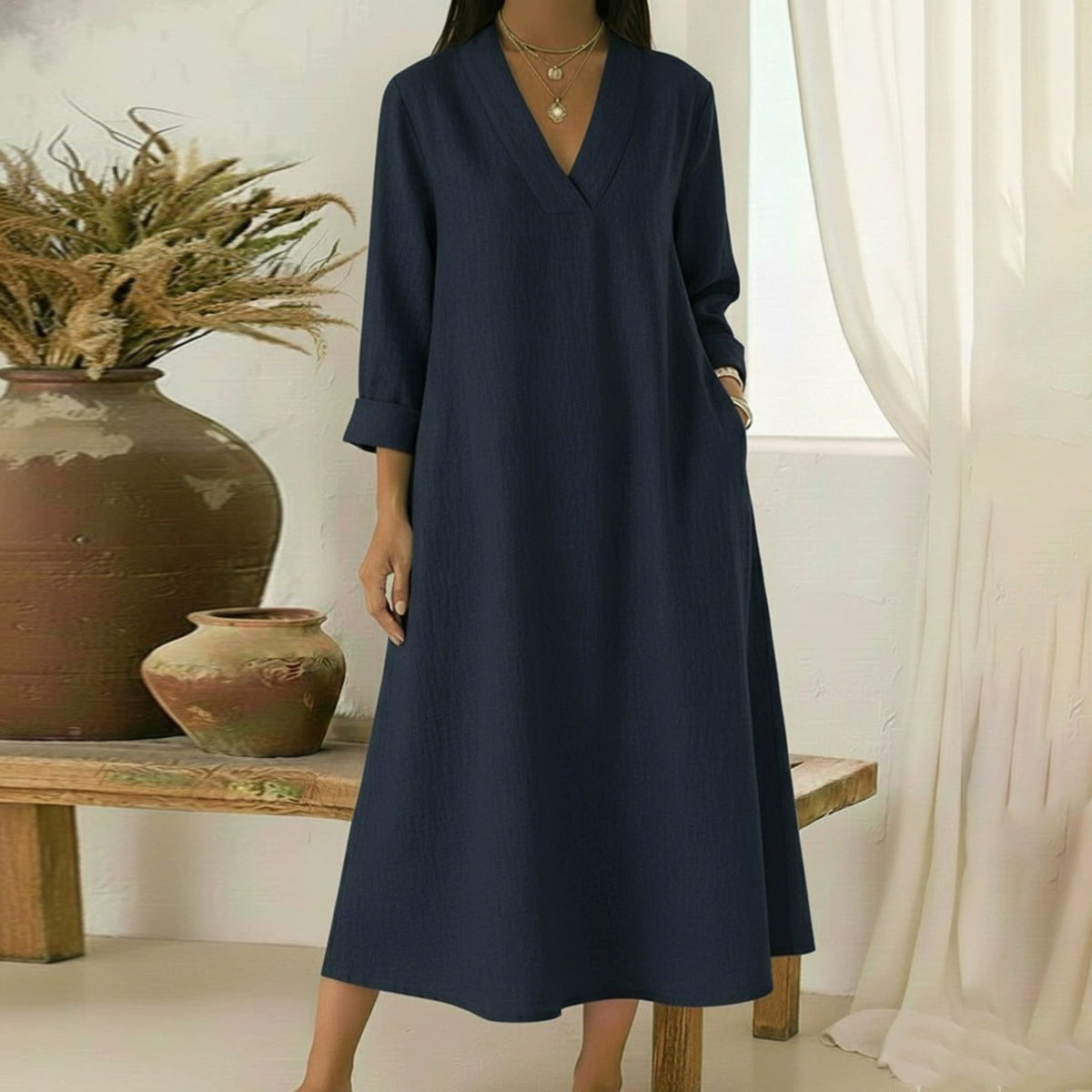 Cardydony Women's Elegant V-neck Linen-cotton Maxi Dress