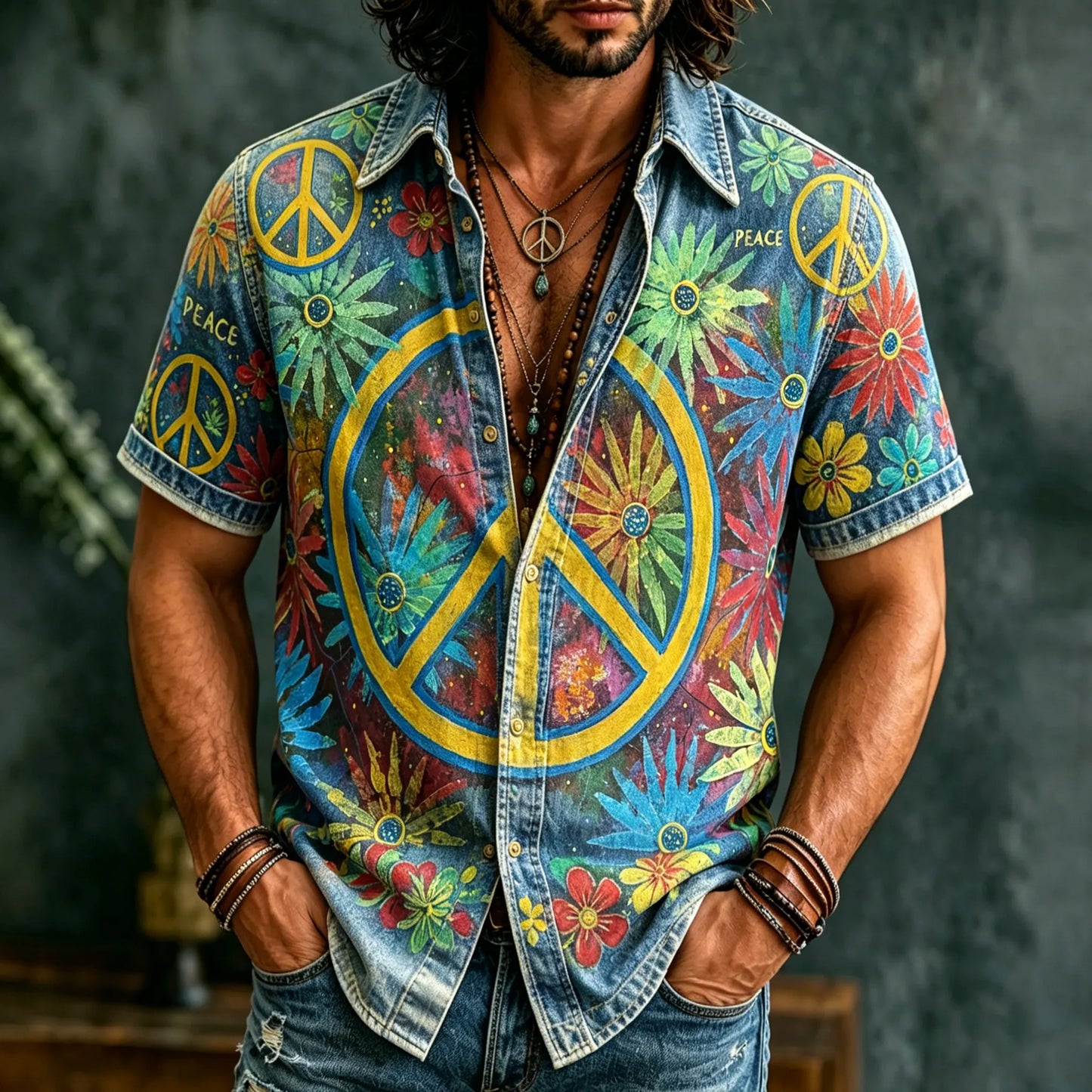 Cardydony Men's Retro Hippie Peace With Floral Graffiti Art Pattern Casual Washed Shirt