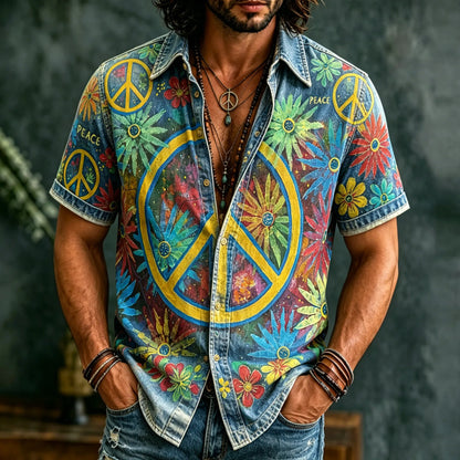 Cardydony Men's Retro Hippie Peace With Floral Graffiti Art Pattern Casual Washed Shirt