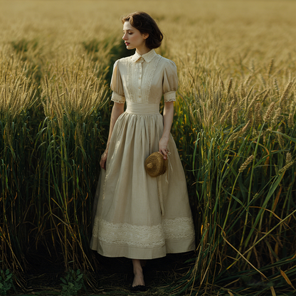 Cardydony Retro Lace Patchwork Design Casual Linen Dress