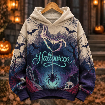 Cardydony Women's Vintage Halloween Gothic Spider Bat Skeleton Graveyard Print Hooded Sweater