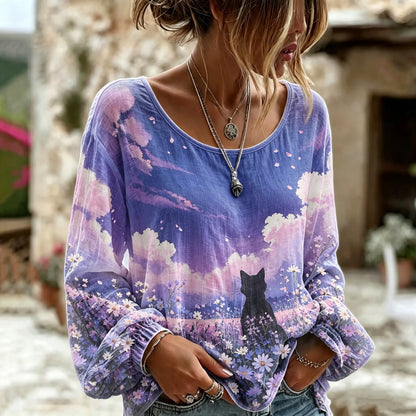 Cardydony Women's Retro Bohemian Japanese Art Cat And Japanese Floral Print Top
