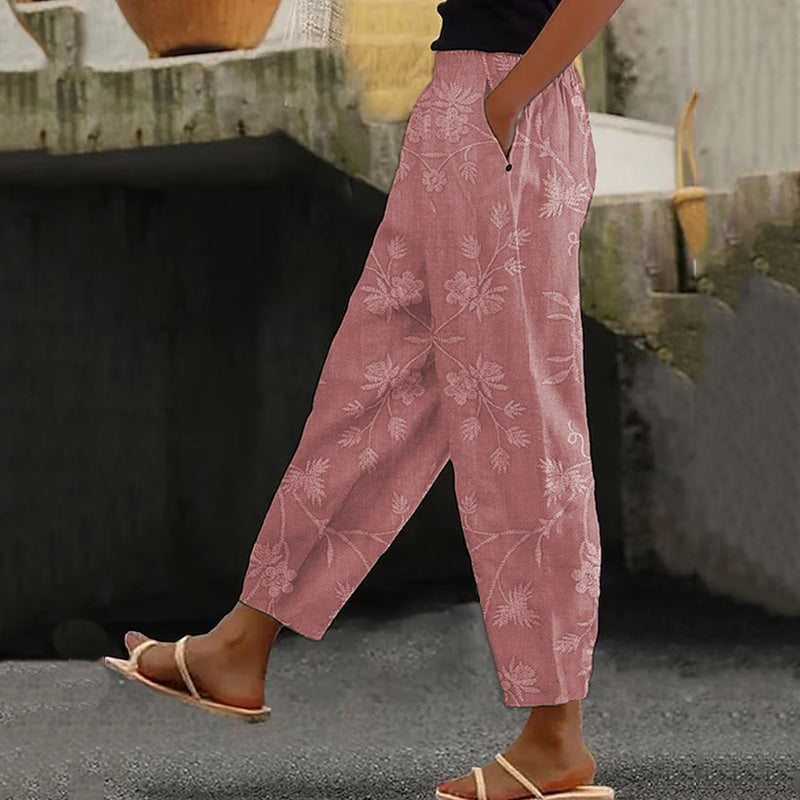 Cardydony Women's Vintage Floral Art Linen Casual Pants