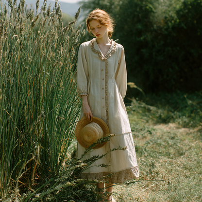 Cardydony Retro Lace Patchwork Design Casual Linen Dress