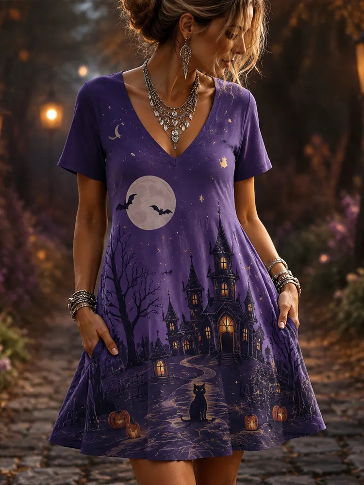 Cardydony Women's Gothic Purple Halloween Haunted House, Moon And Black Cat Short Sleeve T-shirt Dress