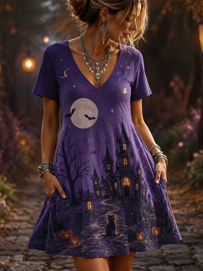 Cardydony Women's Gothic Purple Halloween Haunted House, Moon And Black Cat Short Sleeve T-shirt Dress