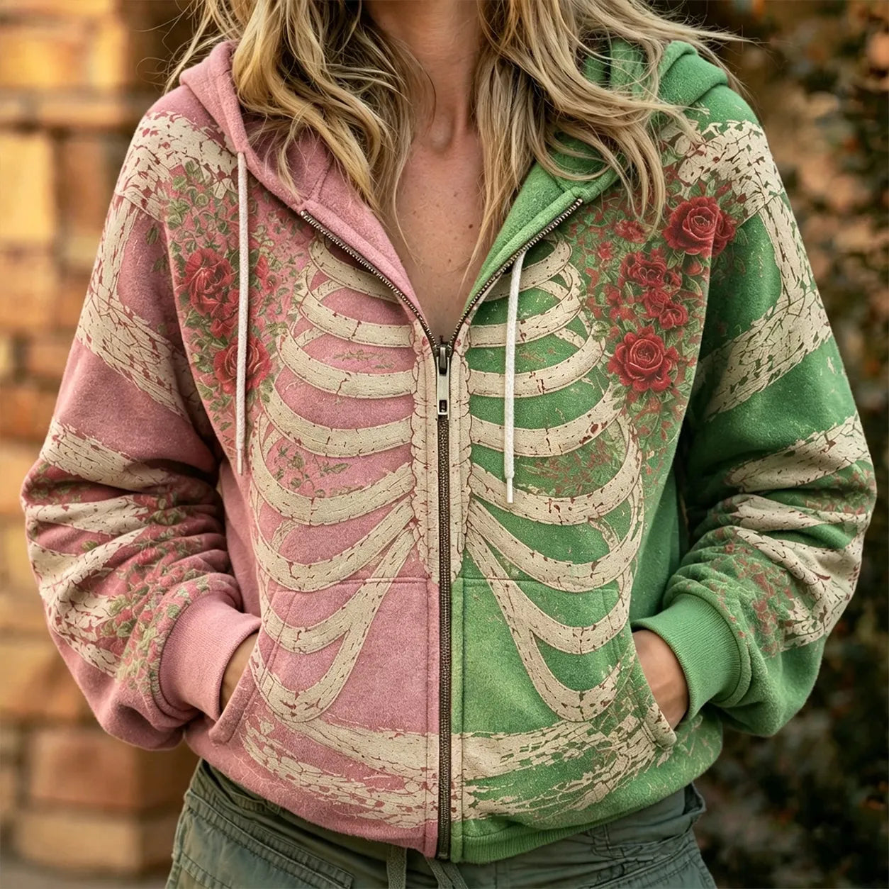 Cardydony Women's Retro Halloween Human Structure Art Gradient Pattern Zipper Hoodie